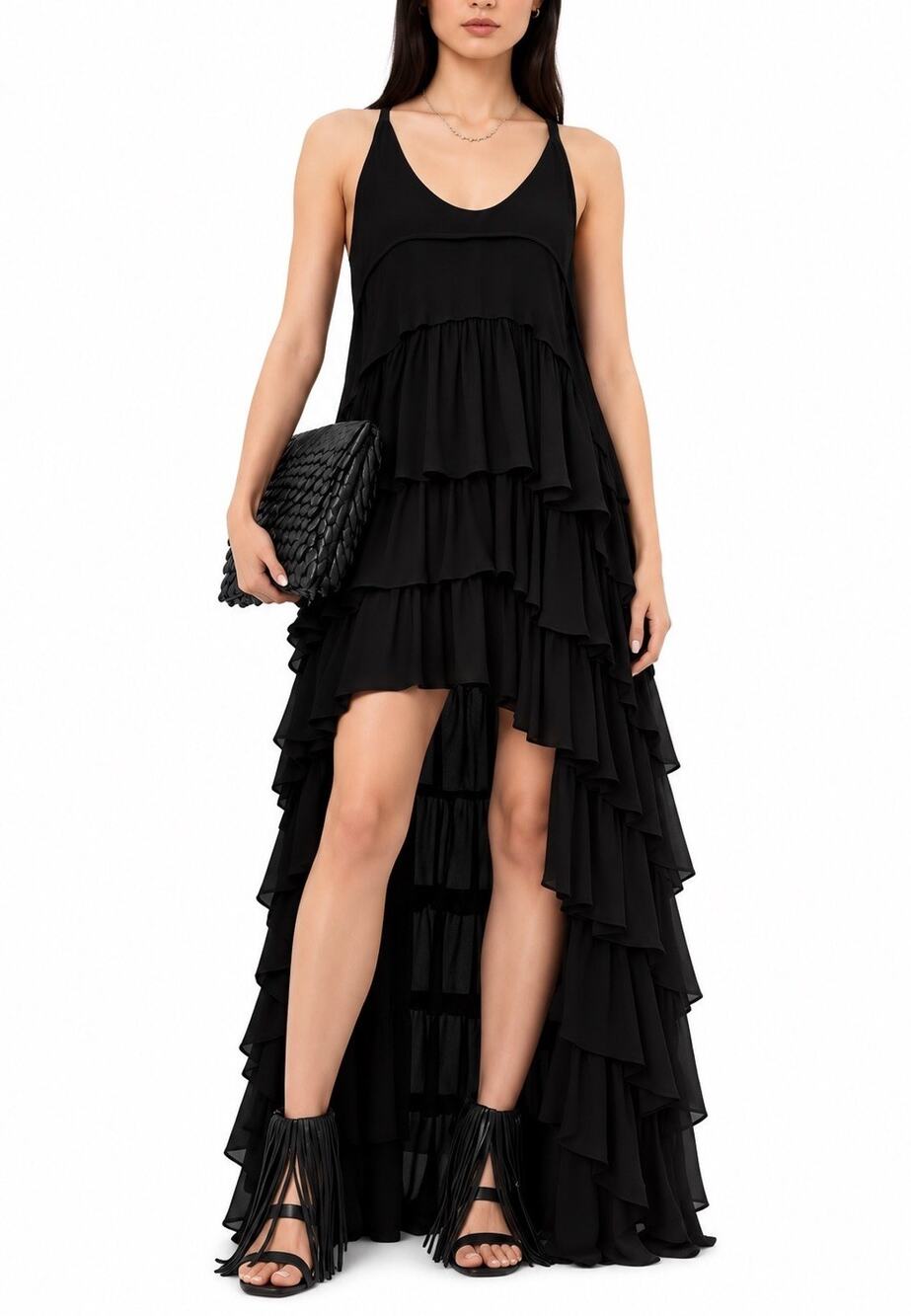 AllSaints Cavarly Maxi Dress Black Layered Ruffle Racerback US 8 UK 12